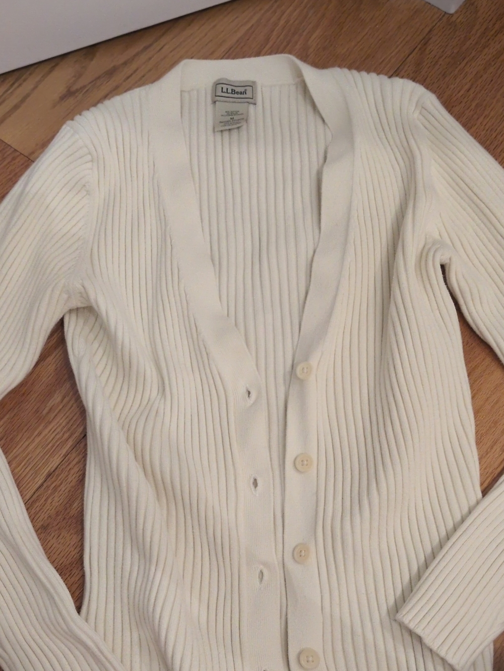L.L. Bean Women's Cream Ribbed Button-Front Cardigan